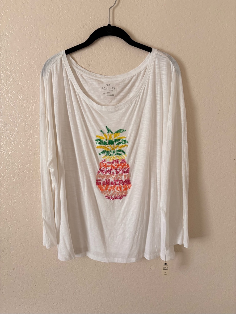 Talbots White Long-Sleeve Sequin Pineapple Top